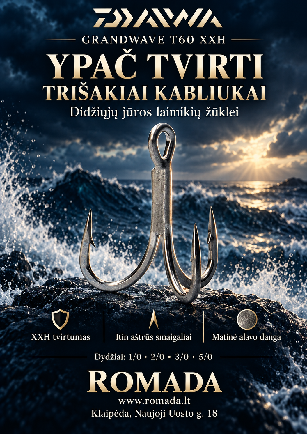 Trišakiai kabliukai DAIWA Grand Wave T60 XXH Japan Dydis 5/0