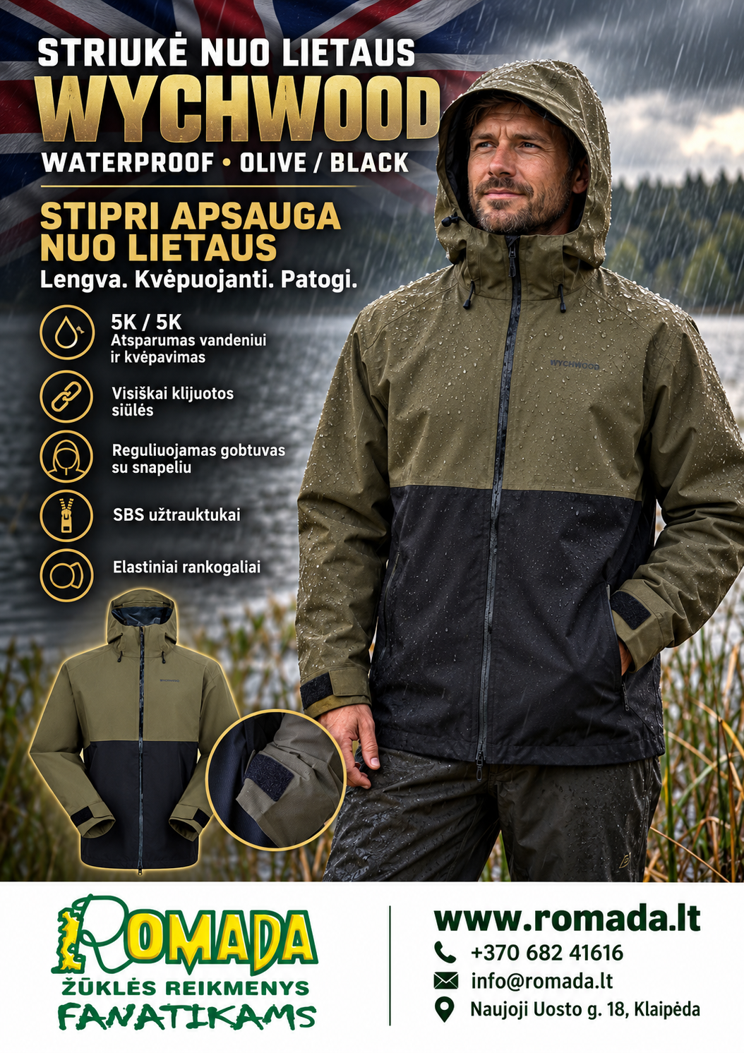 Super Kaina 111eur Striukė Waterproof Jacket Olive Black Nuo Lietaus Wychwood