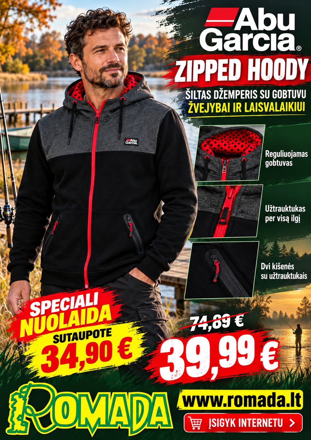 -47% Super Kaina 39eur Šiltas Džemperis megztinis ABU GARCIA ZIPPED HOODY