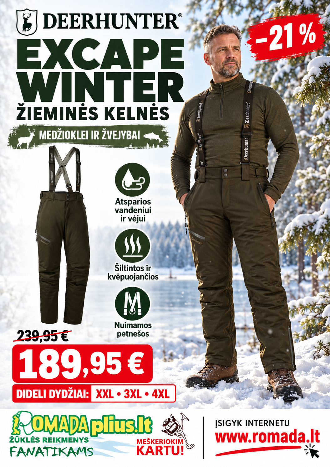 Super Kaina 189eur Kelnės Žieminės Medžioklė Žvejyba Winter Deerhuter 100% Waterproof