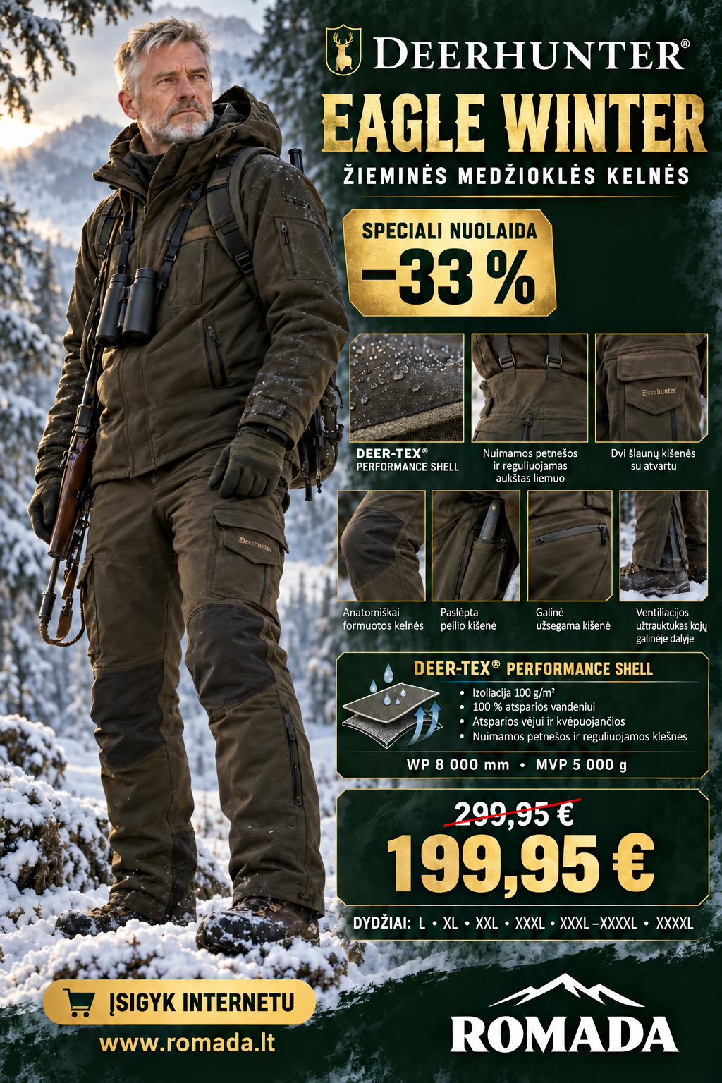 -33% Super Kaina 199eur Kelnės Deerhunter Winter Medžioklinė DEER-TEX® 100%