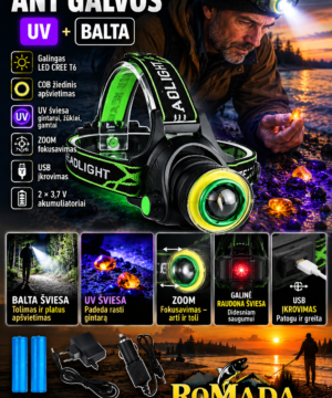 Super kaina 39eur Įkraunamas LED galvos prožektorius su balta ir UV šviesa žvejybai medžioklei ir gintaro paieškai Žalias