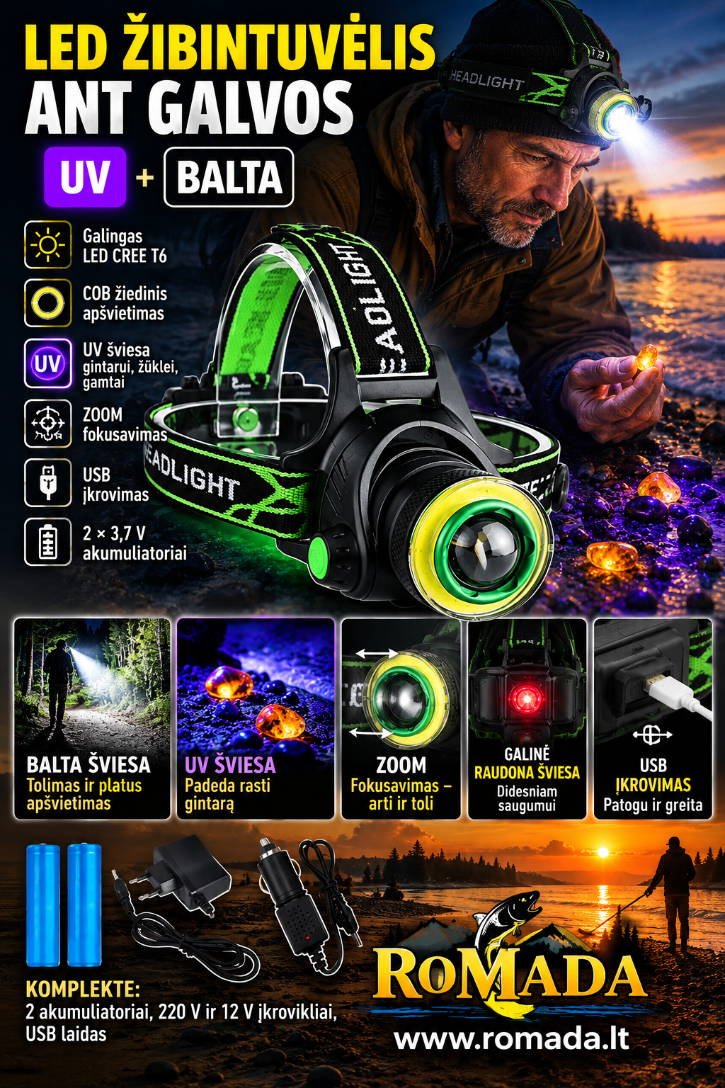 Super kaina 39eur Įkraunamas LED galvos prožektorius su balta ir UV šviesa žvejybai medžioklei ir gintaro paieškai Žalias