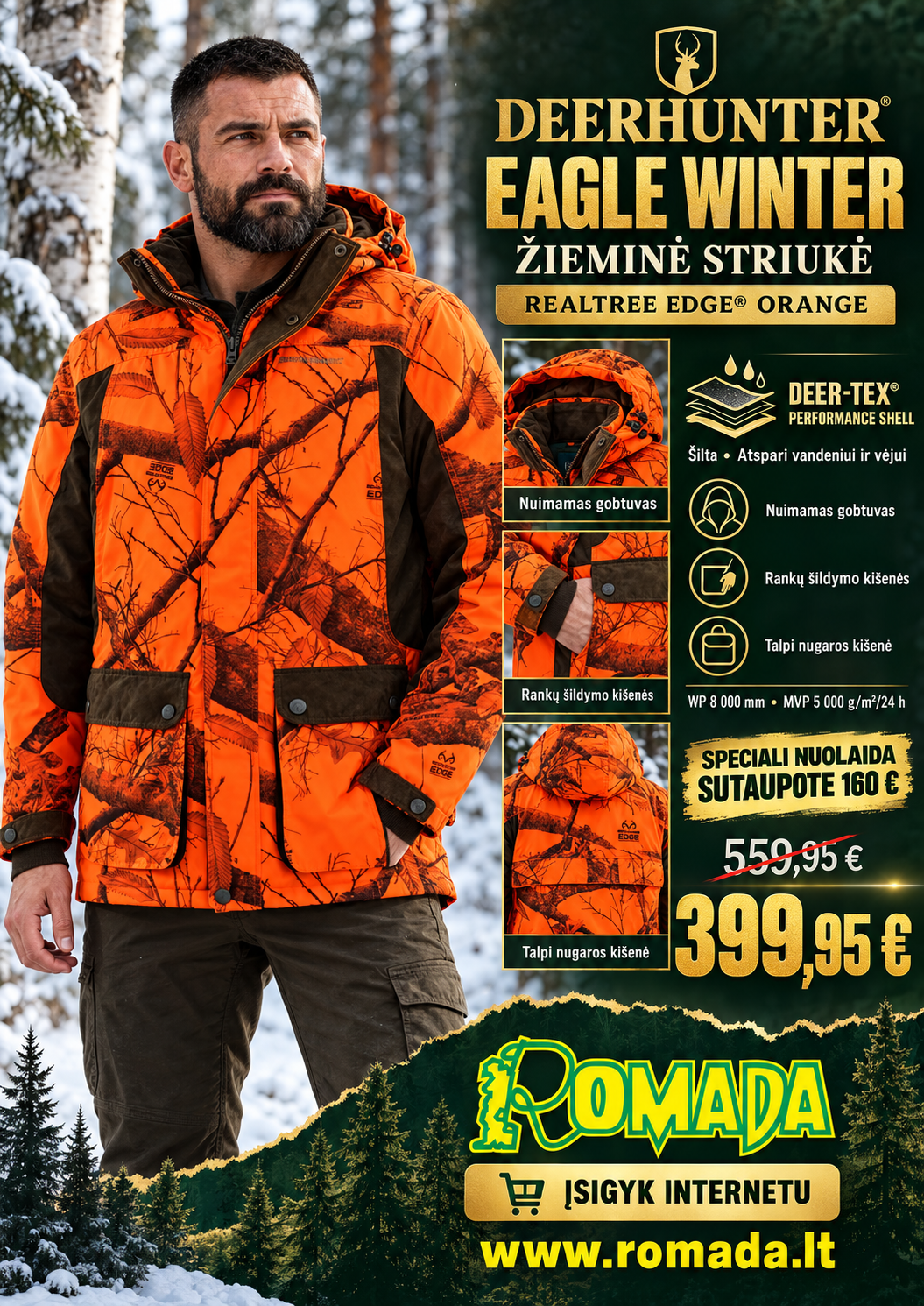 Striukė Deerhunter Eagle Winter Medžioklinė Oranžinė DEER-TEX®100% Dydis iki XXXXXL