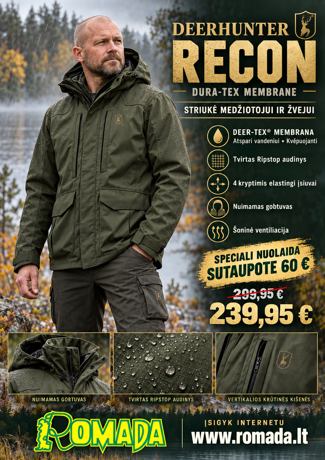 Striukė Recon Dura-Tex Membrane Deerhuter Medžiotojui ir Žvejui