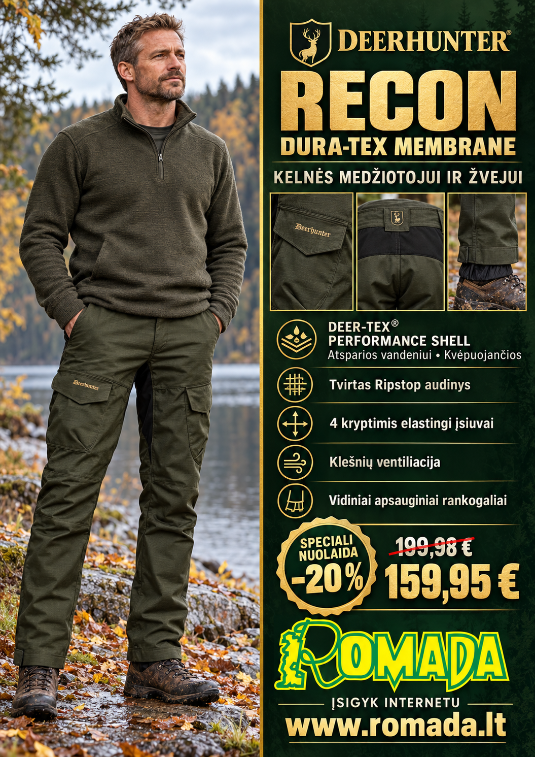 Kelnės Recon Dura-Tex Membrana Deerhuter Medžiotojui ir Žvejui