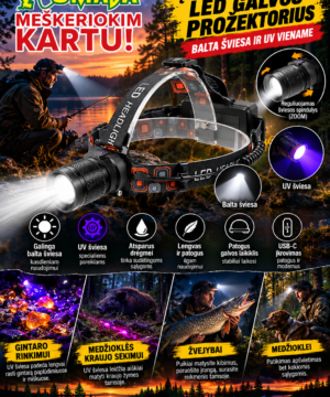 Super kaina 39eur Įkraunamas LED galvos prožektorius su balta ir UV šviesa žvejybai medžioklei ir gintaro paieškai