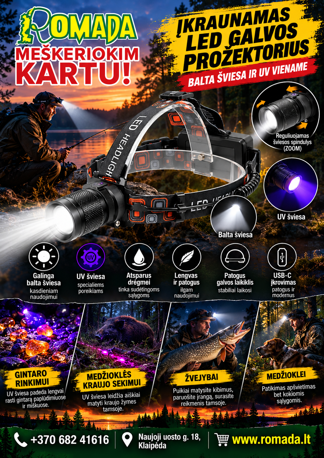 Super kaina 39eur Įkraunamas LED galvos prožektorius su balta ir UV šviesa žvejybai medžioklei ir gintaro paieškai