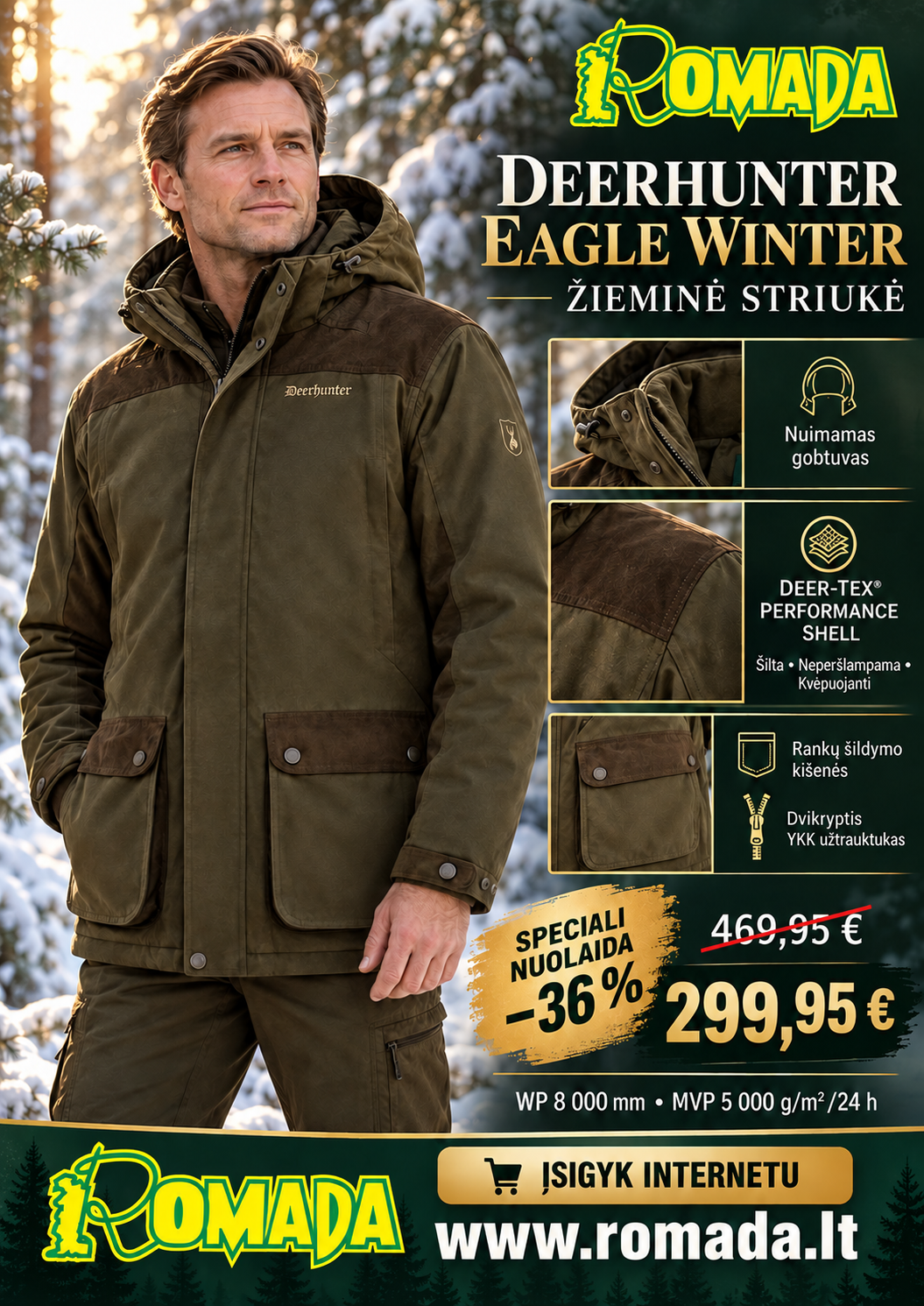 -36% Super Kaina 299eur Striukė Deerhunter Eagle Winter Medžioklinė DEER-TEX®100%